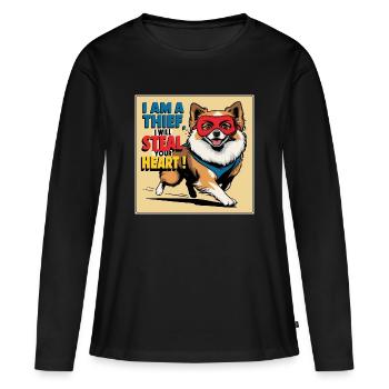 Chien de Poméranie « Je suis un voleur » - T-shirt manches longues Premium bio Femme - noir - Devant - Julia (174cm)