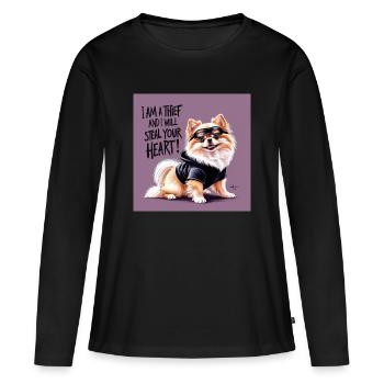 Chien de Poméranie « Je suis un voleur » - T-shirt manches longues Premium bio Femme - noir - Devant - Julia (174cm)