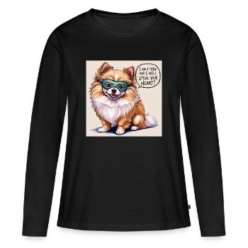 Chien de Poméranie « Je suis un voleur » - T-shirt manches longues Premium bio Femme - noir - Devant - Julia (174cm)