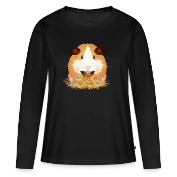 Lachendes Meerschweinchen im Stroh – Gute Laune - Frauen Premium Bio Langarmshirt - Schwarz - Vorne - Julia (174cm)