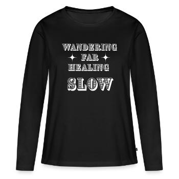 Vagabondage Loin Guérison Lent Minimaliste Citation Desing - T-shirt manches longues Premium bio Femme - noir - Devant - Julia (174cm)