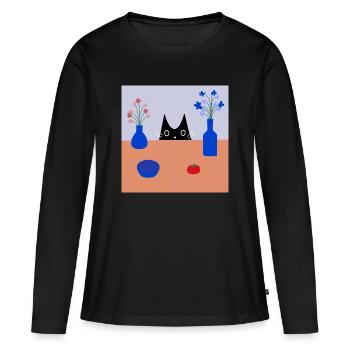Tischspion Verspieltes Katzen- und Blumenmuster - Frauen Premium Bio Langarmshirt - Schwarz - Vorne - Julia (174cm)