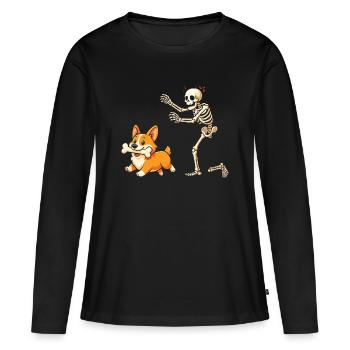 Humour Squelette Poursuit Chien Corgi - T-shirt manches longues Premium bio Femme - noir - Devant - Julia (174cm)