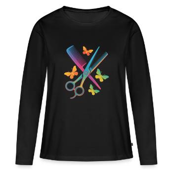 Coiffeur Ciseaux Peigne Papillon - T-shirt manches longues Premium bio Femme - noir - Devant - Julia (174cm)