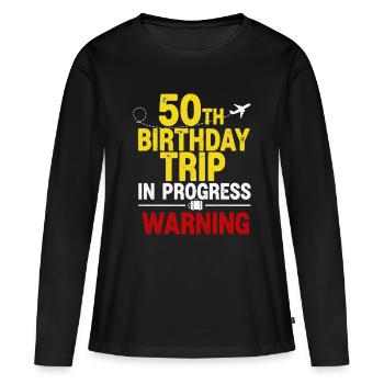 T-shirt « Voyage en cours » pour mon 50e anniversaire - T-shirt manches longues Premium bio Femme - noir - Devant - Julia (174cm)