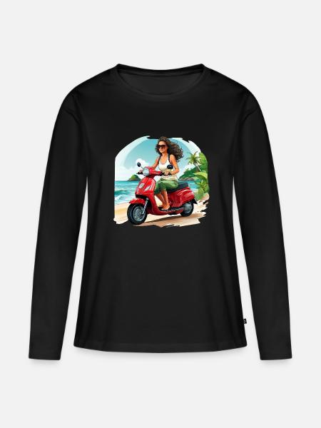 Frau mit rotem Roller am Strand - Frauen Premium Bio Langarmshirt - Schwarz