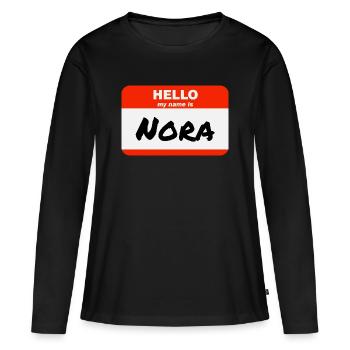 Bonjour, je m’appelle Nora Étiquette Étiquette Étiquette - T-shirt manches longues Premium bio Femme - noir - Devant - Julia (174cm)