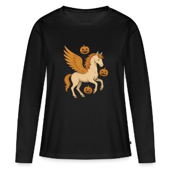 Coursier ailé avec citrouilles - T-shirt manches longues Premium bio Femme - noir - Devant - Julia (174cm)