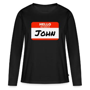 Bonjour, je m’appelle John Étiquette Étiquette Étiquette - T-shirt manches longues Premium bio Femme - noir - Devant - Julia (174cm)
