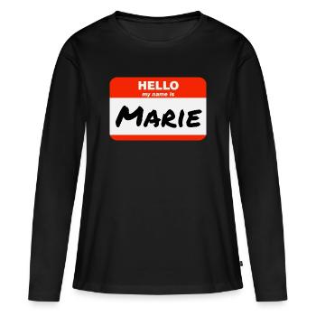 Bonjour, je m’appelle Marie Étiquette Étiquette Étiquette - T-shirt manches longues Premium bio Femme - noir - Devant - Julia (174cm)