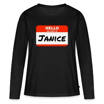 Bonjour, je m’appelle Janice Étiquette Étiquette Étiquette - T-shirt manches longues Premium bio Femme - noir - Devant - Julia (174cm)