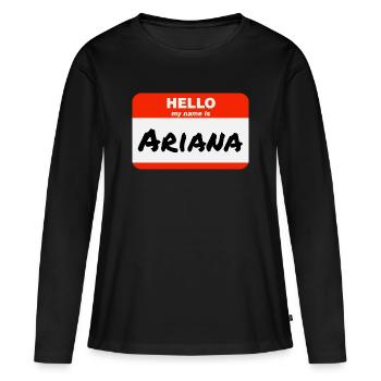 Bonjour, je m’appelle Ariana Étiquette Étiquette Nom Étiquette - T-shirt manches longues Premium bio Femme - noir - Devant - Julia (174cm)