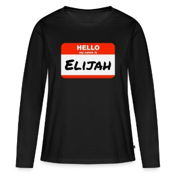 Bonjour, je m’appelle Elijah Étiquette Étiquette Étiquette - T-shirt manches longues Premium bio Femme - noir - Devant - Julia (174cm)