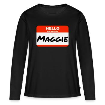Bonjour, je m’appelle Maggie Étiquette Étiquette Étiquette - T-shirt manches longues Premium bio Femme - noir - Devant - Julia (174cm)