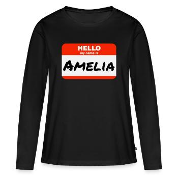 Bonjour, je m’appelle Amelia Étiquette Étiquette Étiquette - T-shirt manches longues Premium bio Femme - noir - Devant - Julia (174cm)