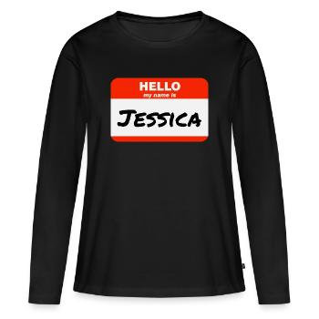 Bonjour, je m’appelle Jessica Étiquette Étiquette Étiquette - T-shirt manches longues Premium bio Femme - noir - Devant - Julia (174cm)