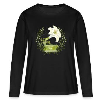 Lily Gramophone – Motif de musique florale en vert - T-shirt manches longues Premium bio Femme - noir - Devant - Julia (174cm)