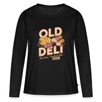 Publicité d’épicerie fine vintage - T-shirt manches longues Premium bio Femme - noir - Devant - Julia (174cm)