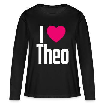 J’aime Théo Cœur Rose J’aime Théo - T-shirt manches longues Premium bio Femme - noir - Devant - Julia (174cm)