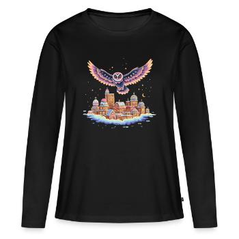Pastell-Eulenflug über Wolkenstadt - Frauen Premium Bio Langarmshirt - Schwarz - Vorne - Julia (174cm)