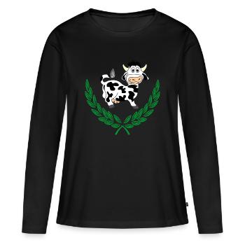 Niedliche Kuh im grünen Lorbeerkranz - Frauen Premium Bio Langarmshirt - Schwarz - Vorne - Julia (174cm)