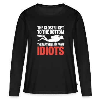 Plongée en bas : Plus proche plus loin des idiots - T-shirt manches longues Premium bio Femme - noir - Devant - Julia (174cm)