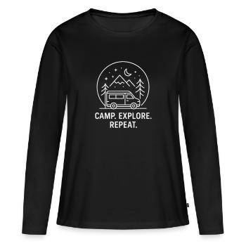 Soirée Vanlife : Camp Explorer, Recommencer - T-shirt manches longues Premium bio Femme - noir - Devant - Julia (174cm)