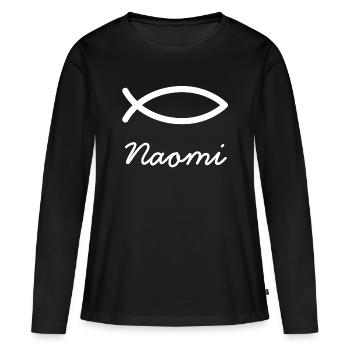 Naomi, prénom de famille avec nom de jeune fille N, baptême - T-shirt manches longues Premium bio Femme - noir - Devant - Julia (174cm)