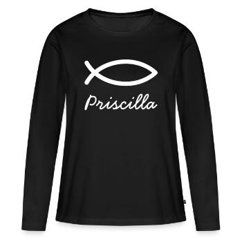 Priscilla prénom chrétien avec P, baptême de jeune fille - T-shirt manches longues Premium bio Femme - noir - Devant - Julia (174cm)