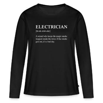 Description technique de l’électricien drôle - T-shirt manches longues Premium bio Femme - noir - Devant - Julia (174cm)