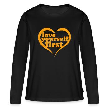 Love Yourself First – Black Tee Femme - T-shirt manches longues Premium bio Femme - noir - Devant - Julia (174cm)