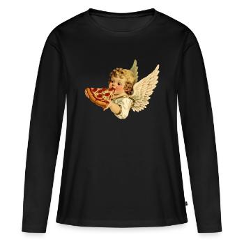 Chérubin pizza – Ange au pepperoni - T-shirt manches longues Premium bio Femme - noir - Devant - Julia (174cm)