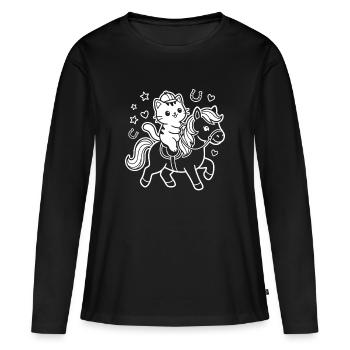 Kawaii Katze auf Pferd - Frauen Premium Bio Langarmshirt - Schwarz - Vorne - Julia (174cm)