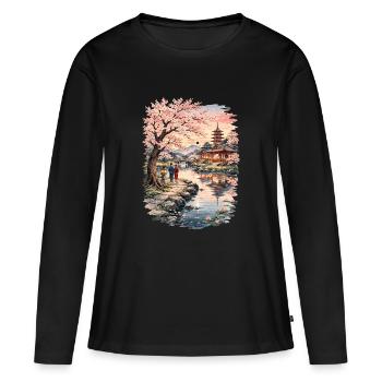 Fleurs traditionnelles de cerisier japonais - T-shirt manches longues Premium bio Femme - noir - Devant - Julia (174cm)