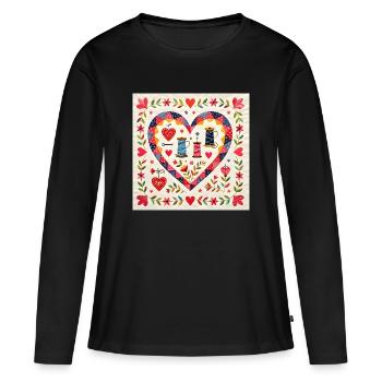 Patchwork Herz mit Garnen - Frauen Premium Bio Langarmshirt - Schwarz - Vorne - Julia (174cm)