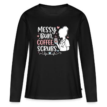 Messy Bun Coffee Scrubs Krankenschwester  - Frauen Premium Bio Langarmshirt - Schwarz - Vorne - Julia (174cm)