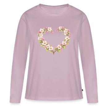Motif printemps pour cœur en fleurs de pommier - T-shirt manches longues Premium bio Femme - rose poudré - Devant - Julia (174cm)