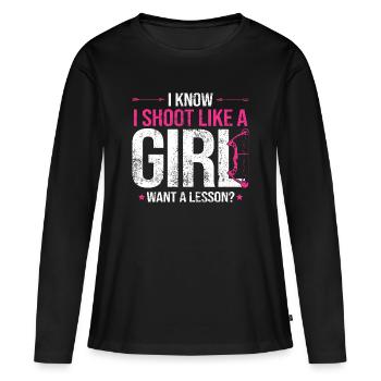 Je tire comme une fille au tir à l’arc - T-shirt manches longues Premium bio Femme - noir - Devant - Julia (174cm)
