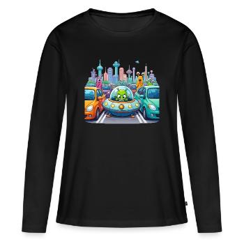 Des extraterrestres dans la circulation urbaine - T-shirt manches longues Premium bio Femme - noir - Devant - Julia (174cm)