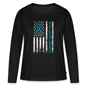Ruban sarcelle Drapeau américain de sensibilisation aux agressions sexuelles - T-shirt manches longues Premium bio Femme - noir - Devant - Julia (174cm)