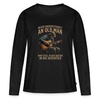 Vieil homme jouant de la guitare anniversaire des années 70 - T-shirt manches longues Premium bio Femme - noir - Devant - Julia (174cm)