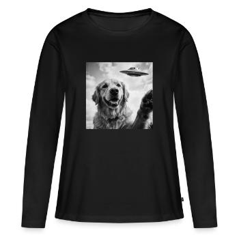 Chien Golden Retriever drôle avec un extraterrestre OVNI - T-shirt manches longues Premium bio Femme - noir - Devant - Julia (174cm)