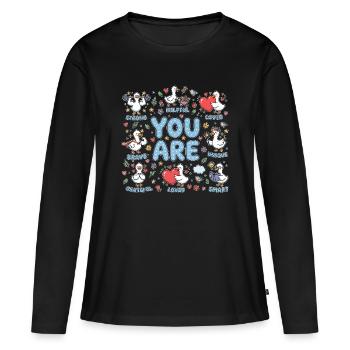 Vous êtes : Positivité audacieuse avec les oies - T-shirt manches longues Premium bio Femme - noir - Devant - Julia (174cm)