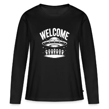 Welcome Saying Alien UFO Spaceship Space Graphic - Women's Premium Organic Long Sleeve Shirt - black - Front - Julia (174cm)