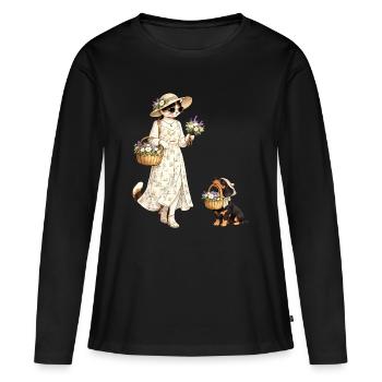 Chat fleuri & teckel dans le style Cottagecore - T-shirt manches longues Premium bio Femme - noir - Devant - Julia (174cm)