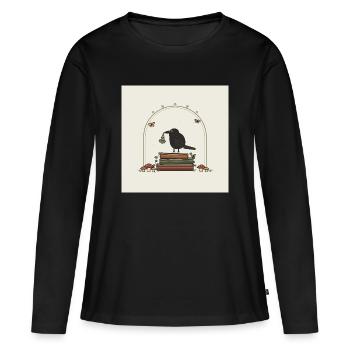 Corbeau sur des livres avec des fleurs - T-shirt manches longues Premium bio Femme - noir - Devant - Julia (174cm)
