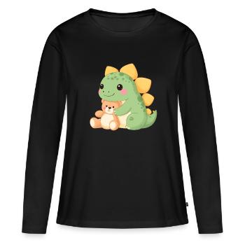 Petit dinosaure vert avec Teddy - Motif comique mignon - T-shirt manches longues Premium bio Femme - noir - Devant - Julia (174cm)