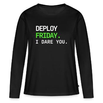 Déployer vendredi – Je vous mets au défi DevOps Design - T-shirt manches longues Premium bio Femme - noir - Devant - Julia (174cm)