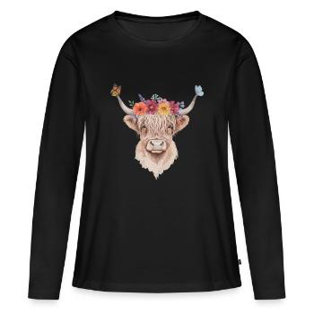 Couronne de fleurs Illustration du bétail Highland - T-shirt manches longues Premium bio Femme - noir - Devant - Julia (174cm)