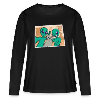 Des extraterrestres prennent une photo avec un chat - T-shirt manches longues Premium bio Femme - noir - Devant - Julia (174cm)
